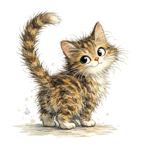 Può includere: Un soffice gattino tigrato marrone e nero con grandi occhi scuri espressivi e una lunga coda dritta. Il gattino ha il petto chiaro, le zampe bianche e un piccolo naso rosa, realizzato con uno stile artistico dettagliato su uno sfondo bianco.