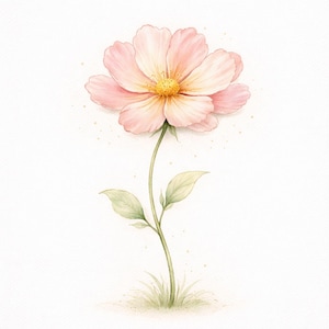 Puede incluir: Una ilustraci&oacute;n en acuarela de una sola flor de color rosa p&aacute;lido con un centro amarillo brillante. La flor tiene p&eacute;talos suaves y superpuestos, un tallo verde delgado con dos hojas peque&ntilde;as, emergiendo de un parche de hierba verde claro.