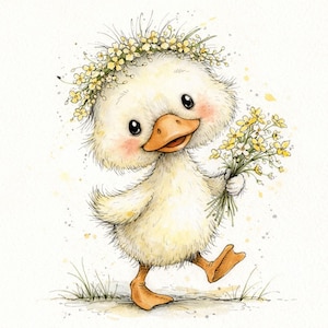 May include: A charming watercolor illustration of a fluffy yellow duckling. The duckling wears a floral crown and holds a bouquet of yellow flowers. It has rosy cheeks, a bright orange beak, and is walking on a grassy surface.