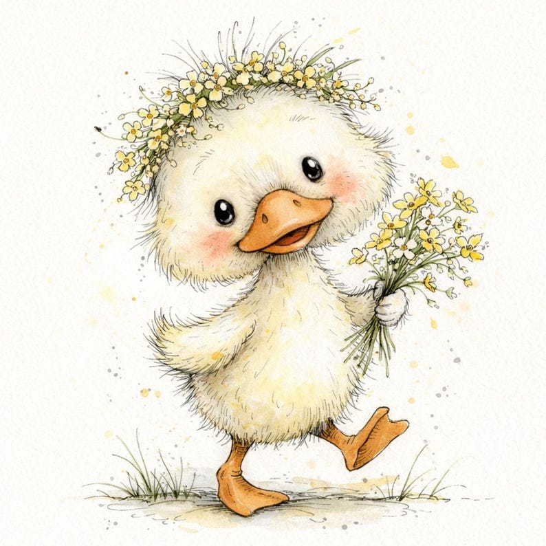 May include: A charming watercolor illustration of a fluffy yellow duckling. The duckling wears a floral crown and holds a bouquet of yellow flowers. It has rosy cheeks, a bright orange beak, and is walking on a grassy surface.