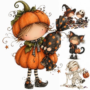 Op de afbeelding: Een digitale illustratie met een centraal personage verkleed als pompoen dat een grote zwart-oranje gestippelde snoepverpakking vasthoudt. Kleinere illustraties tonen een heks, een skelet, een kat en een mummie met Halloween-thema's.