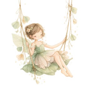 Puede incluir: Ilustración en acuarela de un hada en un columpio. El hada lleva un vestido verde con capas en forma de pétalos y tiene el pelo castaño claro adornado con flores. El columpio está decorado con hojas y flores, creando una escena caprichosa.