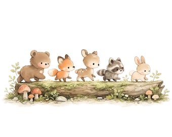 Bundle fantaisiste de cliparts animaux de la forêt, clipart amis animaux de la forêt, Illustration aquarelle de promenade dans les bois, animaux de la forêt mignons, 28 PNG