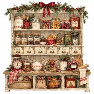 May include: A white wooden hutch filled with kitchen supplies, including glass jars labeled Flour, Sugar, Cinnamon, Nutmeg, Cloves, Star Anise, Cocoa, and Christmas Jam. The shelves feature pine garlands, red berries, and baking tools.