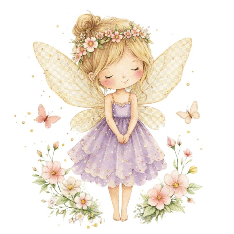 Puede incluir: Una ilustraci&oacute;n en acuarela de un hada con cabello rubio recogido en un mo&ntilde;o, que lleva una corona de flores y un vestido morado con destellos dorados. El hada tiene alas grandes, transl&uacute;cidas y estampadas, rodeada de flores rosas y dos mariposas.