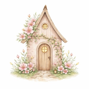 Puede incluir: Una peque&ntilde;a casa de madera con techo puntiagudo, una puerta central arqueada y una ventana circular. La estructura est&aacute; adornada con enredaderas y racimos de flores de color rosa claro, con un camino de piedra hacia la entrada.