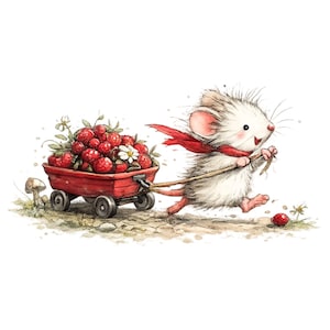 Peut inclure: Illustration &agrave; l'aquarelle d'une souris blanche joyeuse tirant une charrette rouge remplie de fraises m&ucirc;res. La souris porte une &eacute;charpe rouge et court sur un chemin de terre. Des marguerites et un champignon sont &eacute;galement pr&eacute;sents.