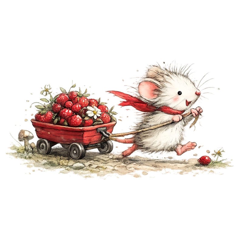 Peut inclure: Illustration &agrave; l'aquarelle d'une souris blanche joyeuse tirant une charrette rouge remplie de fraises m&ucirc;res. La souris porte une &eacute;charpe rouge et court sur un chemin de terre. Des marguerites et un champignon sont &eacute;galement pr&eacute;sents.
