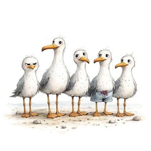Könnte beinhalten: Eine Aquarellillustration von fünf Cartoon-Möwen, die an einem Sandstrand stehen. Die Möwen haben weiße Körper, graue Flügel und orangefarbene Schnäbel und Füße. Eine Möwe trägt blaue Shorts. Die Möwen haben unterschiedliche Ausdrücke.