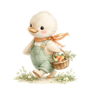 May include: A watercolour illustration of a fluffy duckling wearing light green dungarees and an orange scarf. The duckling carries a woven basket filled with carrots and greenery, walking on a patch of grass with small white flowers.