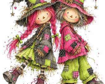 May include: Two illustrated rag dolls dressed as witches. One has pink braided hair, a black hat with a green heart, and a black coat over a green skirt. The other has gray hair, a pink hat, and a pink jacket over green pants with patches.
