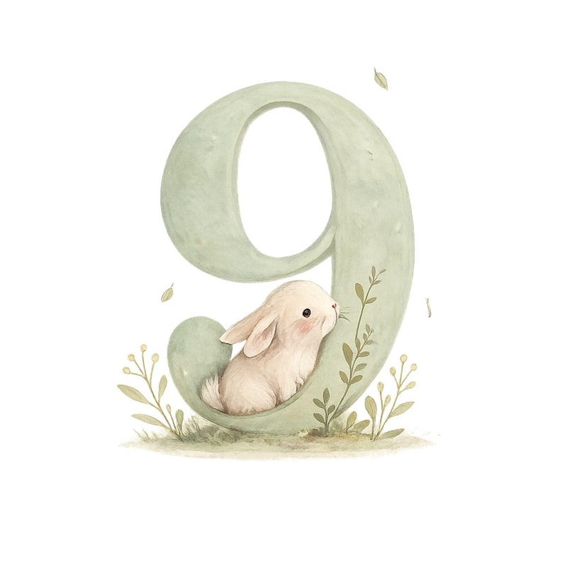 May include: A watercolour illustration featuring the number nine in a pale green shade, with a small, fluffy white bunny inside. The number is surrounded by delicate green foliage and small leaves, creating a whimsical design. Ideal for nursery decor.