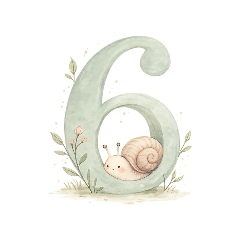 May include: A watercolour illustration of the number six in a soft green hue, with a cute snail nestled inside. Delicate floral and leafy accents surround the number, creating a whimsical and charming design. Ideal for nursery decor or children's art.