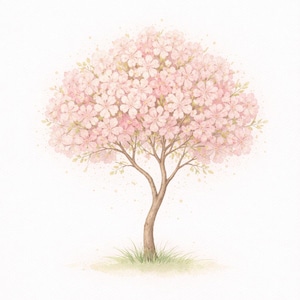Puede incluir: Ilustraci&oacute;n en acuarela de un cerezo en flor. El &aacute;rbol presenta un tronco marr&oacute;n, ramas delicadas y una densa corona de flores rosas. Hierba verde y hojas verde claro en la base del &aacute;rbol sobre un fondo blanco.