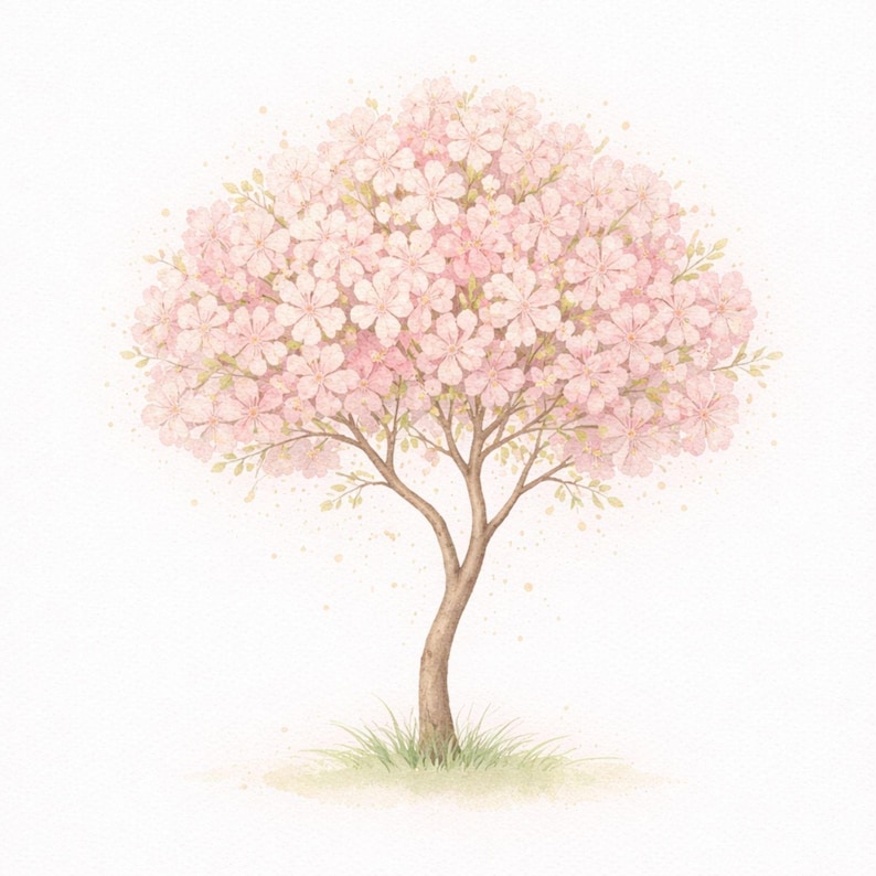 Puede incluir: Ilustraci&oacute;n en acuarela de un cerezo en flor. El &aacute;rbol presenta un tronco marr&oacute;n, ramas delicadas y una densa corona de flores rosas. Hierba verde y hojas verde claro en la base del &aacute;rbol sobre un fondo blanco.