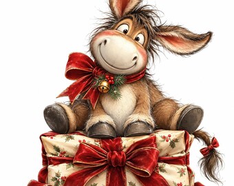 Quirky Christmas Donkey Clipart Bundle: Watercolor Holiday Farm Animals, 13 PNG