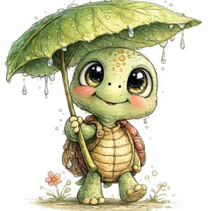 Peut inclure: Une petite tortue verte aux grands yeux sombres et aux joues roses tient une grande feuille verte en guise de parapluie pendant une averse. La tortue a une carapace beige et marche devant une petite fleur rose sur cette illustration.