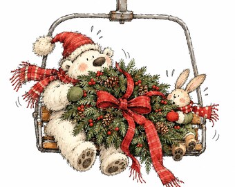 May include: A white polar bear wearing a red Santa hat and a red plaid scarf sits on a ski lift chair holding a large evergreen wreath with pinecones, red berries, and a red plaid bow next to a small brown rabbit wearing a red scarf.
