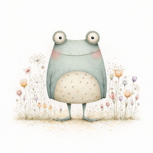 May include: A whimsical illustration of a light blue frog with large, round eyes and a dotted belly. The frog stands among delicate wildflowers in shades of pink, orange, and purple, creating a soft, pastel-colored scene.