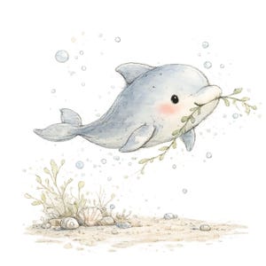 May include: A watercolor illustration of a playful dolphin. The dolphin is light blue with a pink blush and is holding a sprig of green seaweed in its mouth. Bubbles and aquatic plants are in the background.