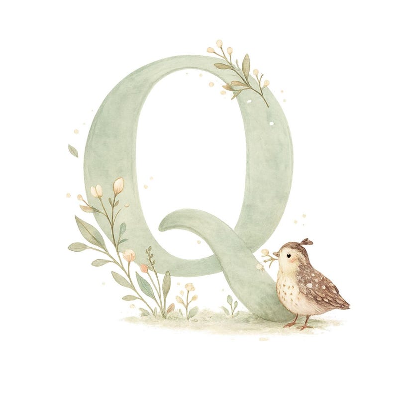May include: A watercolour illustration of the letter 'Q' in a pale green, decorated with floral elements and a small bird. The bird is brown and white, holding a sprig of flowers. The design has a whimsical, nature-inspired theme.