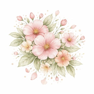 Puede incluir: Una ilustraci&oacute;n en acuarela de un ramo floral con flores de color rosa suave y melocot&oacute;n con centros amarillos, rodeadas de hojas verdes apagadas y peque&ntilde;os capullos, acentuadas con puntos claros dispersos sobre un fondo blanco.