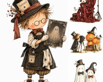 Vintage Halloween Portrait Studio Clipart Bundle: Watercolor Spooky Photo Booth Illustration, 22 PNG