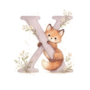 May include: A watercolour illustration featuring the letter 'X' with a charming fox cub. The letter is a soft lavender hue, decorated with small floral sprigs. The fox has orange fur and a sweet, innocent expression.