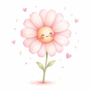 Pode incluir: Ilustração em aquarela de uma flor de margarida sorridente com pétalas rosa e um centro amarelo. A flor tem um caule e folhas verdes, com corações rosa e estrelas amarelas espalhadas ao redor. O tema geral é alegre e caprichoso.