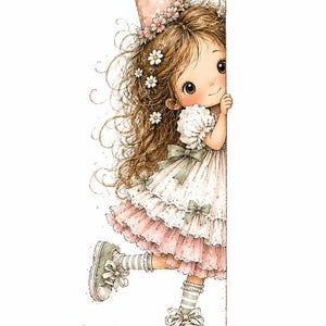 May include: A watercolor illustration of a young girl peeking from behind a white surface. She wears a party hat, floral crown, and a layered dress with pink ruffles and green bows. Her shoes are green with white bows, and she has striped socks.
