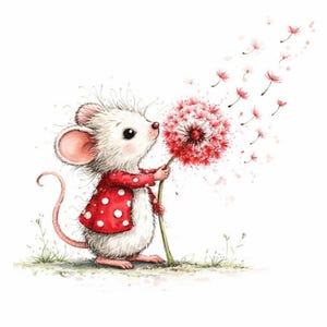 Peut inclure: Illustration d'une souris blanche v&ecirc;tue d'une veste rouge &agrave; pois blancs, tenant un pissenlit rouge. La souris souffle sur le pissenlit, et les graines s'envolent. Fond blanc.
