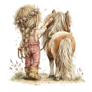 Puede incluir: Una ilustración en acuarela de una persona con cabello rubio trenzado, una corona de flores y un overol rosa, de pie junto a un poni marrón y blanco. La persona cepilla la larga crin del poni mientras sostiene una cuerda en la otra mano.