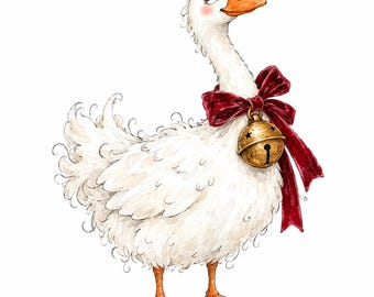 May include: A white goose illustration with fluffy feathers, an orange beak, and orange webbed feet. The goose wears a deep red velvet ribbon tied in a bow around its neck, from which hangs a large, round, metallic gold jingle bell.