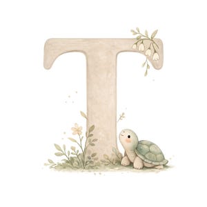 May include: A watercolour illustration of the letter 'T' in a beige tone, decorated with floral elements. A charming turtle with a green shell and a smiling face is positioned at the base of the letter, amidst greenery. The artwork has a gentle, whimsical aesthetic.