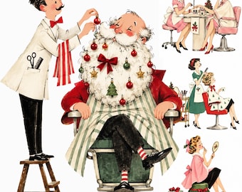 Retro Christmas Hair Salon Clipart Bundle: Watercolor Holiday Salon Illustration, 13 PNG
