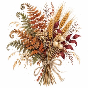May include: A dried botanical bouquet featuring orange and green fern fronds, golden wheat stalks, deep red leaves, and small cream-colored seed pods. The stems are gathered together and tied with a simple, natural-colored twine bow.