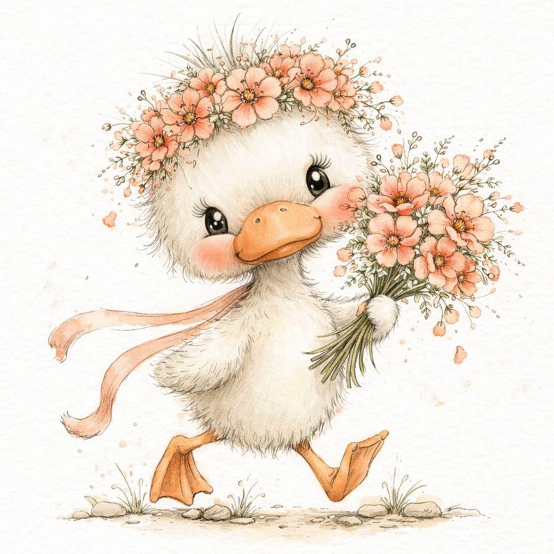 May include: A watercolor illustration of a charming duckling with a floral crown and a bouquet of peach-colored flowers. The duckling has a peach-colored beak and feet, and a pink ribbon. The overall theme is whimsical and cute.