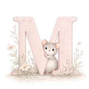 May include: A large, pale pink letter M featuring a soft, textured appearance. A small, grey mouse with large ears and dark eyes stands behind the letter, peeking out. The base is decorated with delicate, light-colored floral sprigs and greenery.