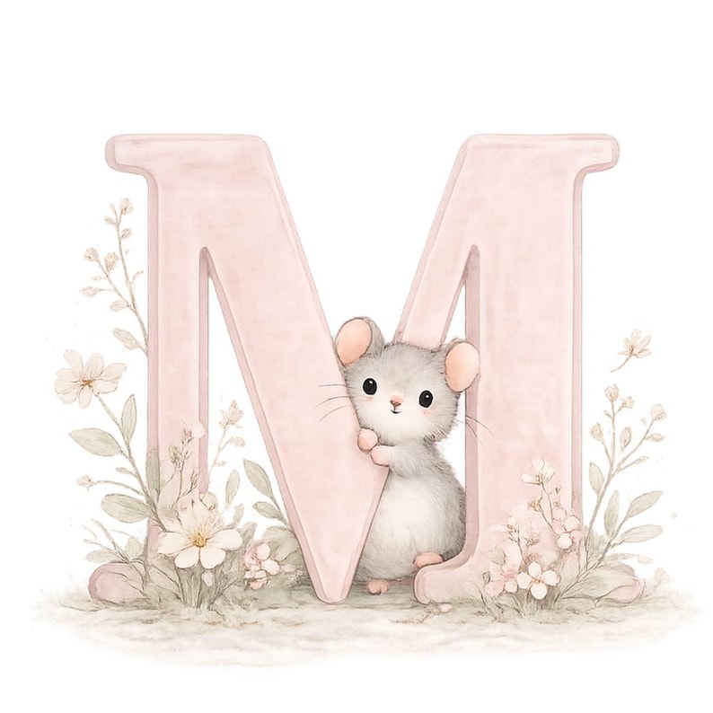 May include: A large, pale pink letter M featuring a soft, textured appearance. A small, grey mouse with large ears and dark eyes stands behind the letter, peeking out. The base is decorated with delicate, light-colored floral sprigs and greenery.