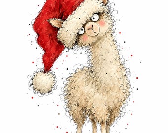May include: A whimsical illustration of a fluffy cream-colored llama wearing a large red Santa hat with a white pom-pom. The llama has wide eyes, pink cheeks, and a textured, sketch-like appearance with scattered red and black dots.