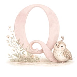 May include: A large, pale pink letter Q with a soft, watercolor-style finish. To the left of the letter are delicate, muted green and beige wildflowers. To the right, a small, round, light brown quail with a crest stands against the letter.