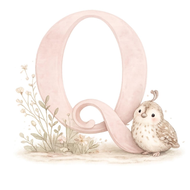 May include: A large, pale pink letter Q with a soft, watercolor-style finish. To the left of the letter are delicate, muted green and beige wildflowers. To the right, a small, round, light brown quail with a crest stands against the letter.