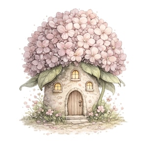 Nyckfullt blomhus Clipart-paket, älvträdgårdshus Clipart, akvarell blommig stugaillustration, söt älvhus Clipart, 20 PNG