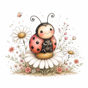 May include: A charming watercolour illustration of a ladybug with red wings and black spots, perched on a daisy. The image features other daisies, small pink flowers, and green foliage, with a butterfly in the background.