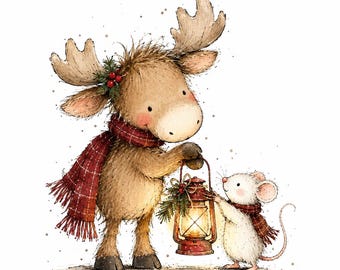 Christmas Moose and Mouse Clipart, Watercolor Holiday Postal Mouse Illustration 14 PNG