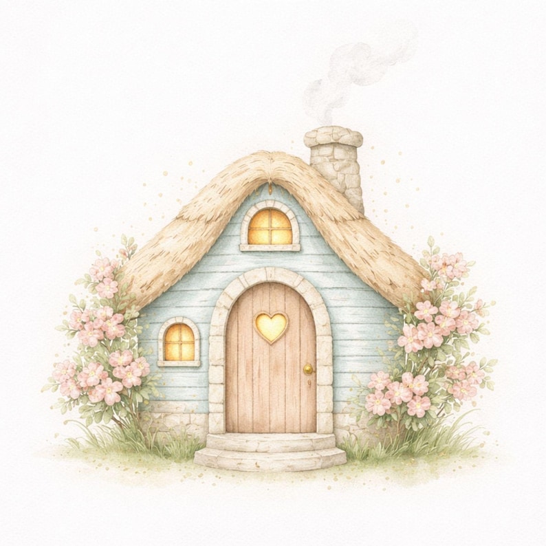 Puede incluir: Una casita azul claro con techo de paja, chimenea de piedra con humo y una puerta de madera con una ventana en forma de coraz&oacute;n. La estructura est&aacute; flanqueada por arbustos de flores rosas y tiene peque&ntilde;as ventanas arqueadas iluminadas.