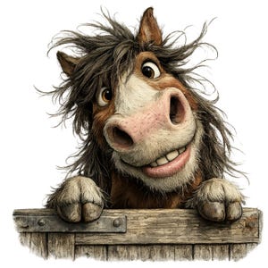 Peut inclure: Un cheval brun et blanc avec une crinière sombre ébouriffée et de grands yeux expressifs, souriant avec des dents visibles. Le cheval pose ses sabots avant sur une planche en bois horizontale usée avec une plaque métallique à deux rivets.
