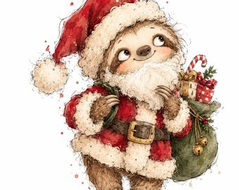 May include: A watercolor illustration of a sloth dressed as Santa Claus, wearing a red coat with white fur trim, a matching hat, and a black belt with a gold buckle. The sloth carries a green sack filled with wrapped gifts and a candy cane.