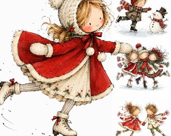 Christmas Ice Skating Children Clipart, Cute Winter Kids, Vintage Holiday Illustrations, 18 PNG