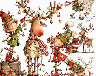 Santa, Reindeer, Boy and Girl Elves Clipart Bundle: Watercolor North Pole Christmas Illustration Set, Festive Commercial Use, 18 PNG Files